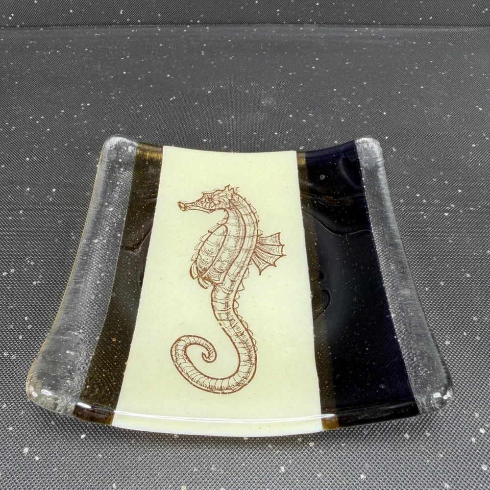 Fused Glass Seahorse Trinket Dish Square Coastal Navy Amber 5in Plate‎